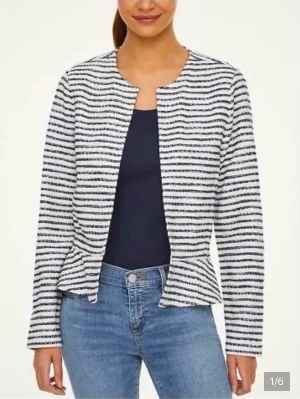 Loft Tweed Open Front Peplum Navy Blue Off White Stripe Blazer M Nautical Preppy
